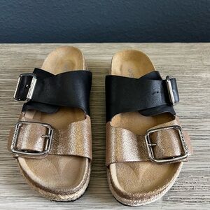J Slides Black and Rose Gold Women's Sandals